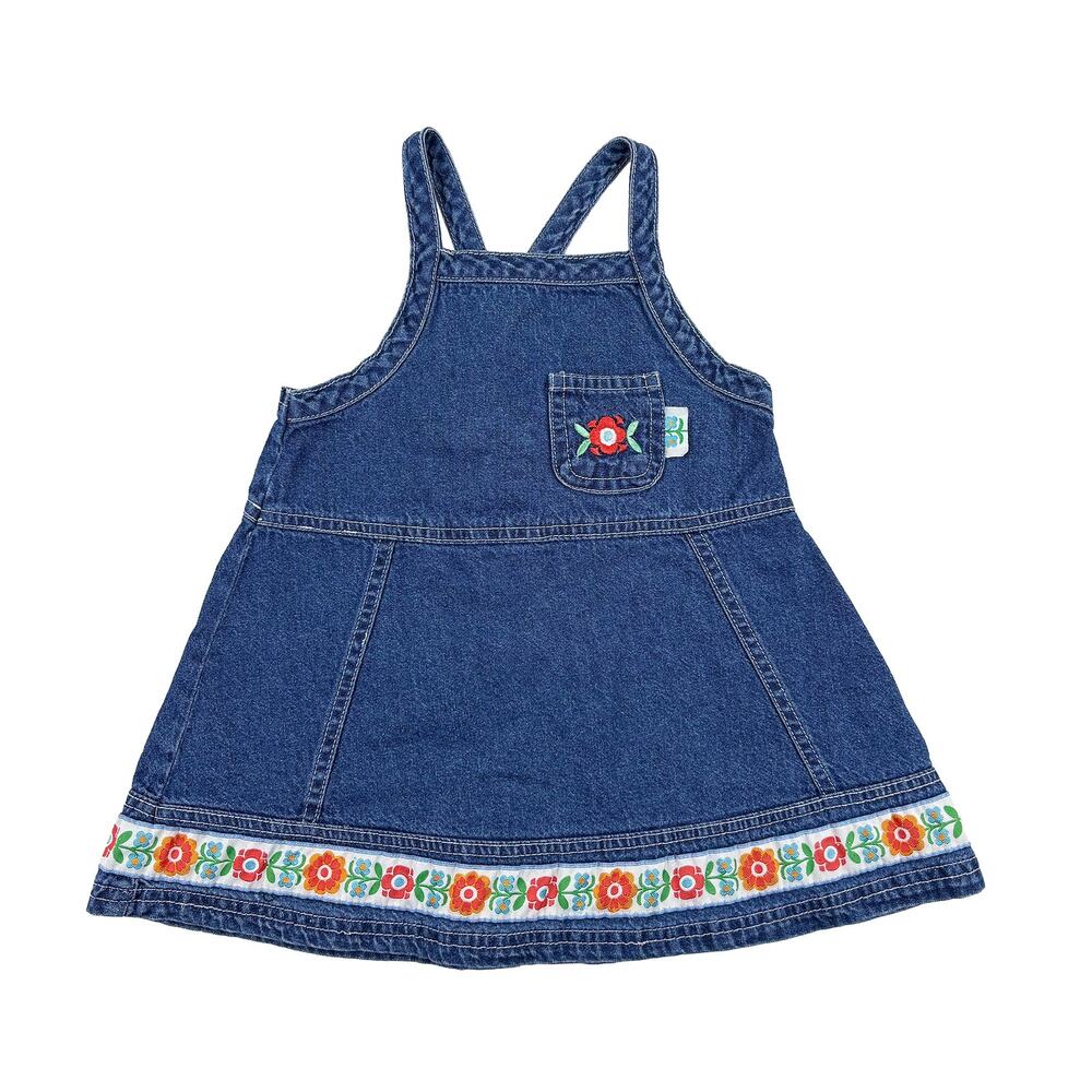 Vintage Denim Jumper Dress Girls 2T Blue Floral Embroidered Cottagecore 90s